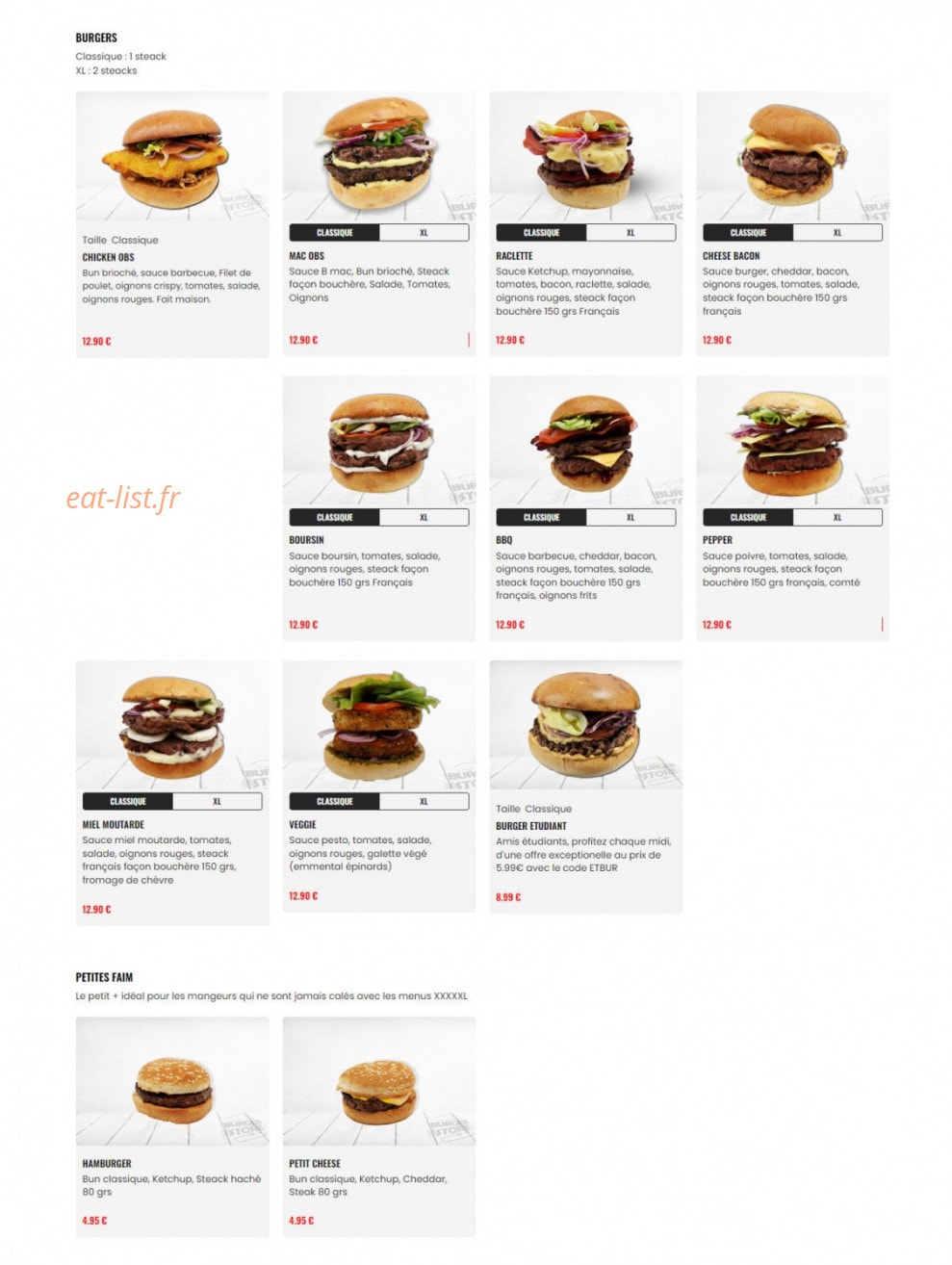 Original Burger Store — carte page 2
