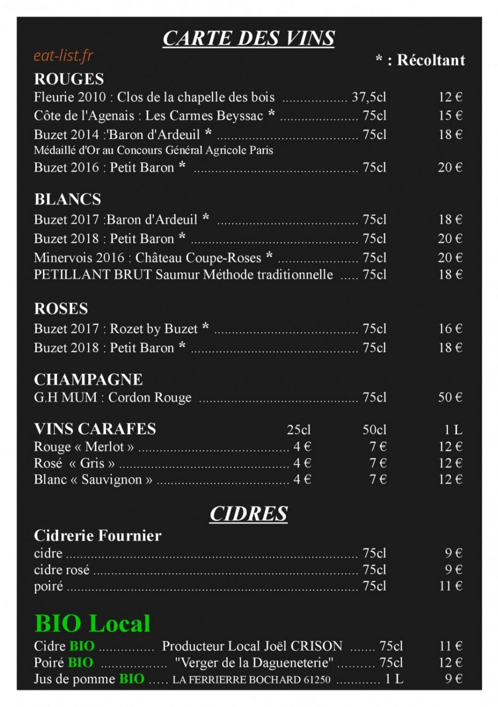 Carte et menu de Crêperie Les Ardoisieres à Saint Aubin de Locquenay — Les vins et cidres