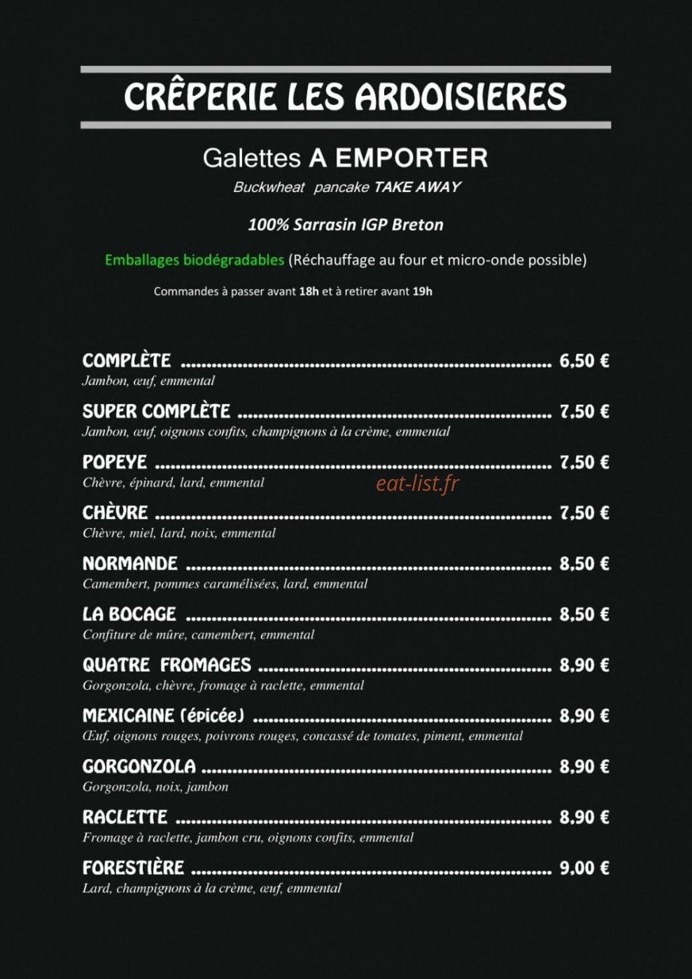 Carte et menu de Crêperie Les Ardoisieres à Saint Aubin de Locquenay — Les galettes à emporter