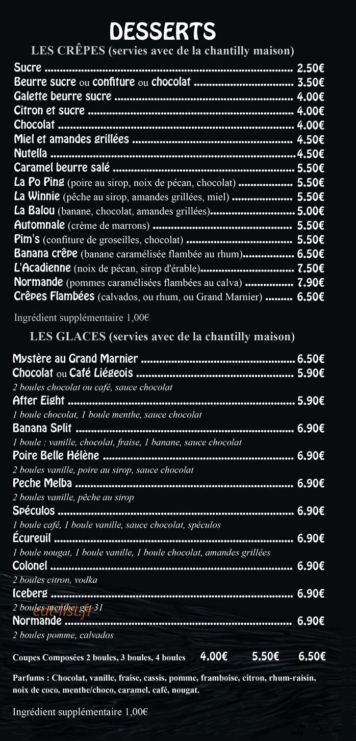 Carte et menu de Crêperie Les Ardoisieres à Saint Aubin de Locquenay — Les desserts