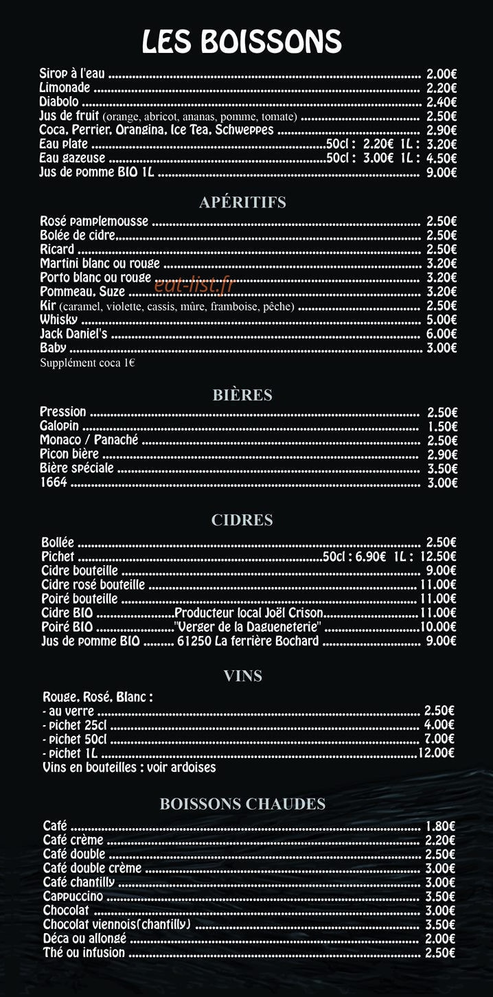 Carte et menu de Crêperie Les Ardoisieres à Saint Aubin de Locquenay — Les boissons