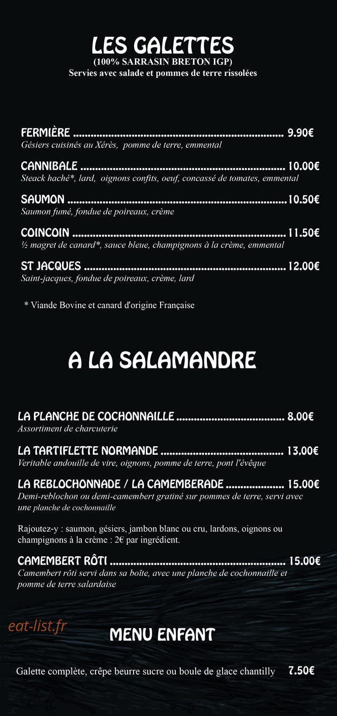Carte et menu de Crêperie Les Ardoisieres à Saint Aubin de Locquenay — Les galettes suite, tapas et menu enfant
