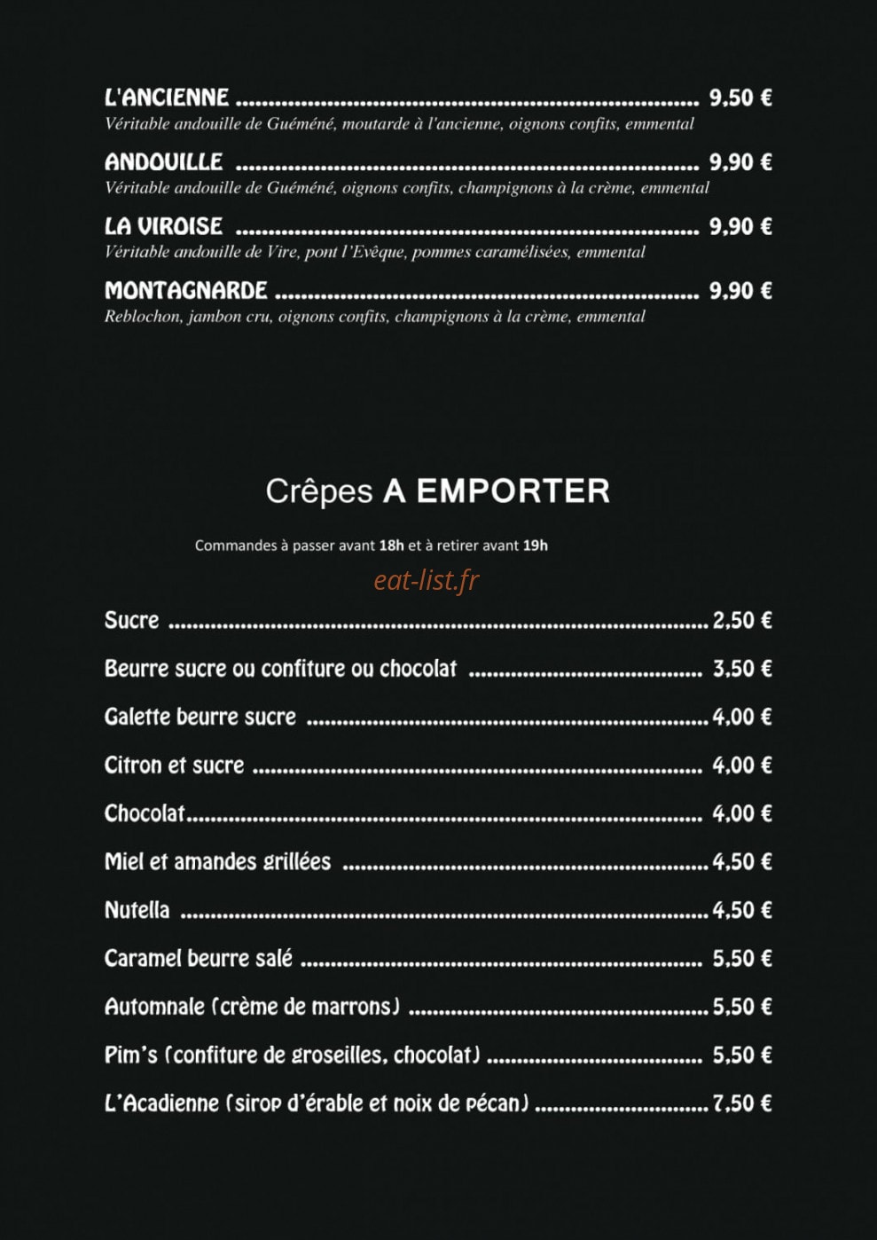 Carte et menu de Crêperie Les Ardoisieres à Saint Aubin de Locquenay — Les crêpes à emporter