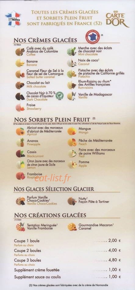Carte et menu de Le chalet du lac à Tuffé Val de la Chéronne  — glaces