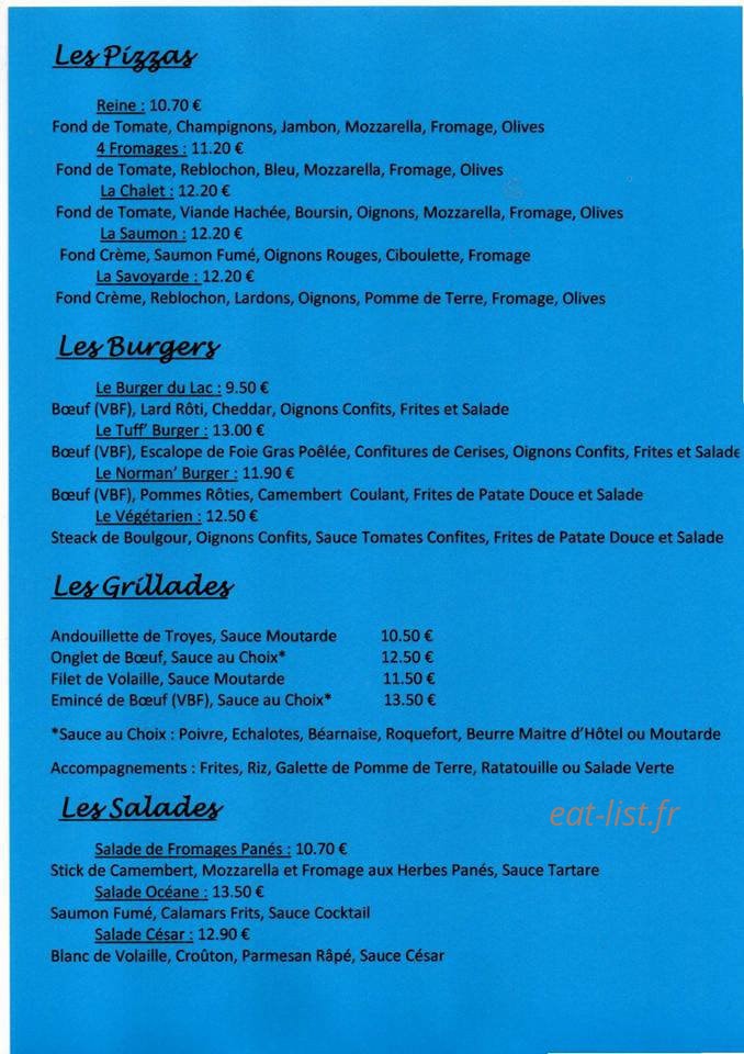 Carte et menu de Le chalet du lac à Tuffé Val de la Chéronne  — piizzas, burgers, salades