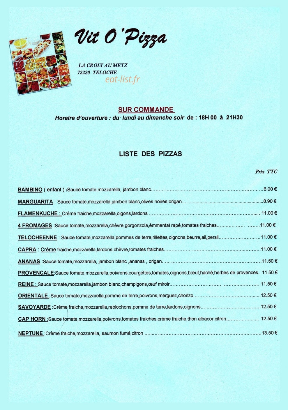 Vite O'pizza — carte page 1