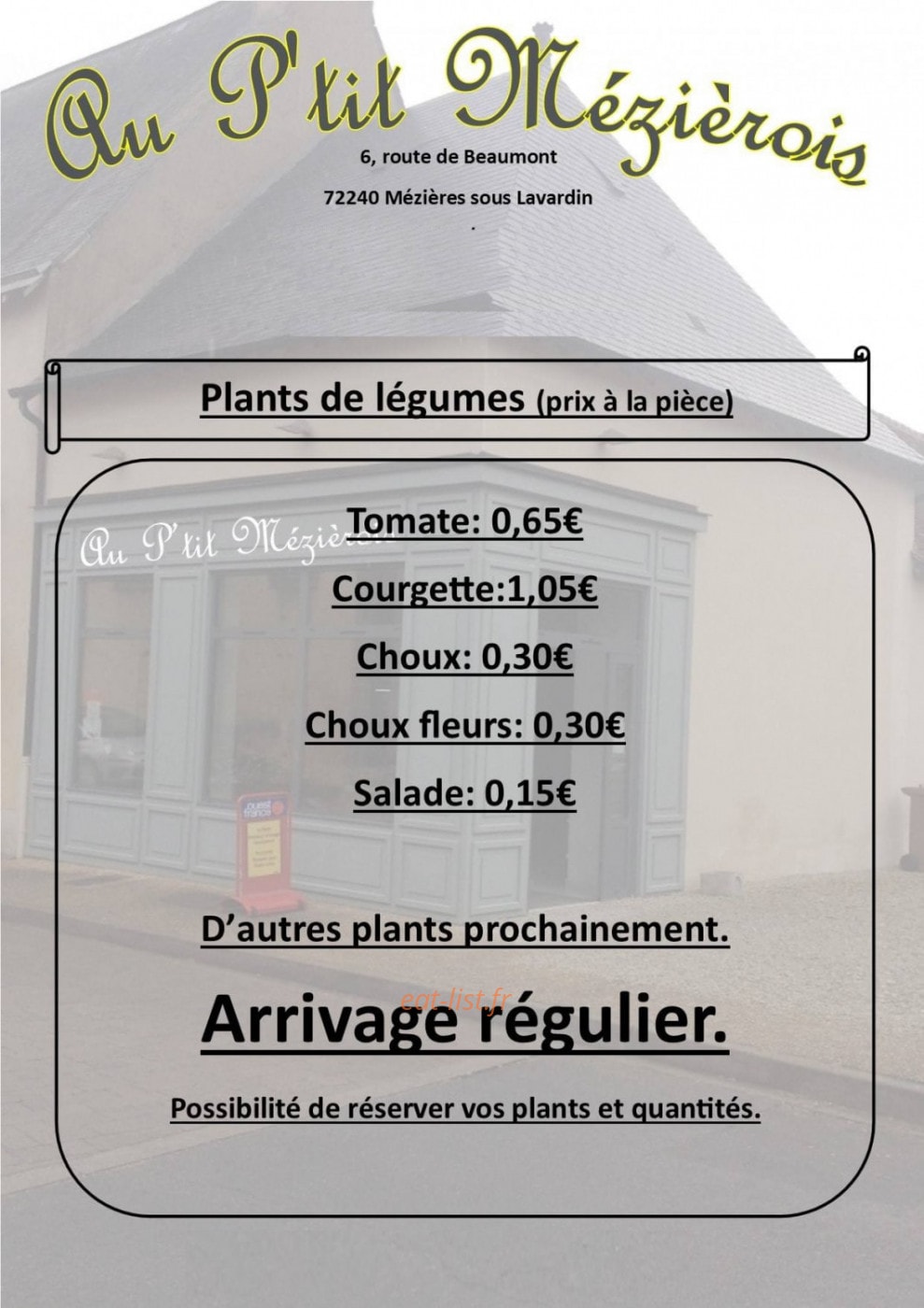 Carte et menu de Au P'tit Mézièrois à Mezieres Sous Lavardin — Un exemple de menu