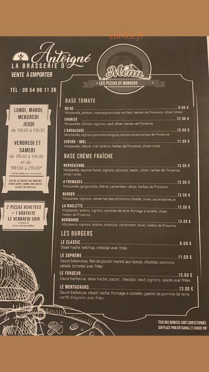 Carte et menu de La Brasserie d'Antoigné à Sainte Jamme sur Sarthe — Les menus