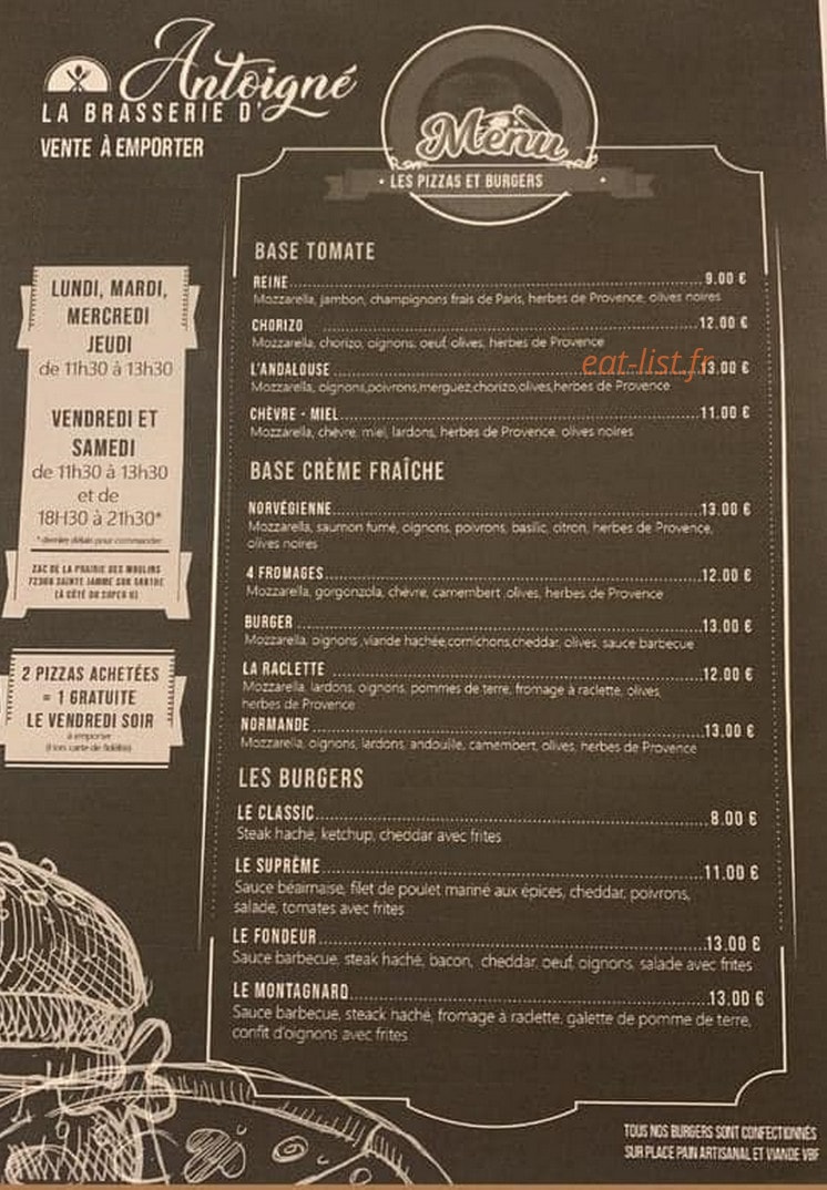 Carte et menu de La Brasserie d'Antoigné à Sainte Jamme sur Sarthe — Les pizzas base tomate