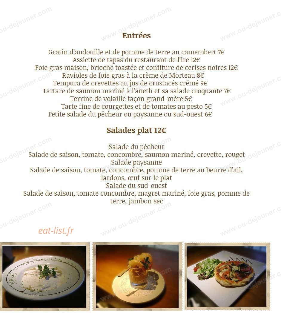 Restaurant de l'îre — carte page 1