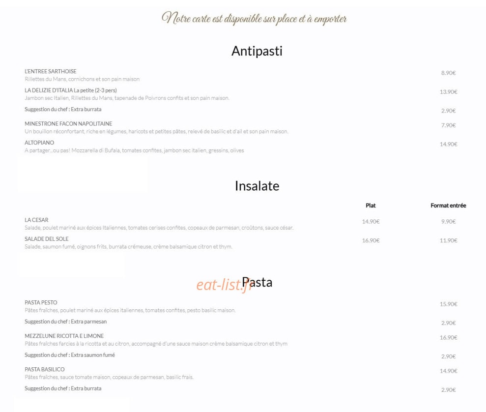 La Petite Ristorante — carte page 1
