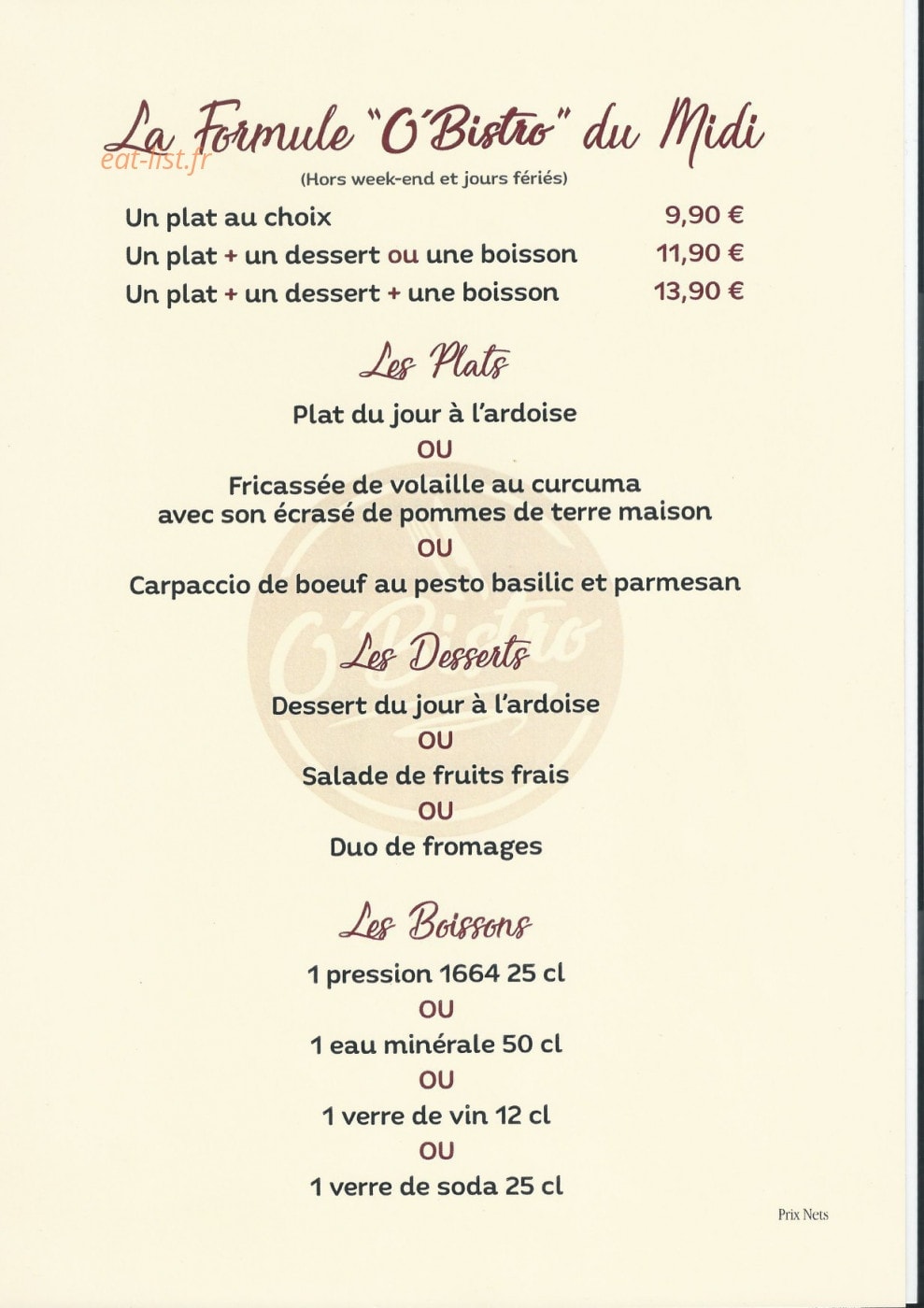 O' Bistro — carte page 1