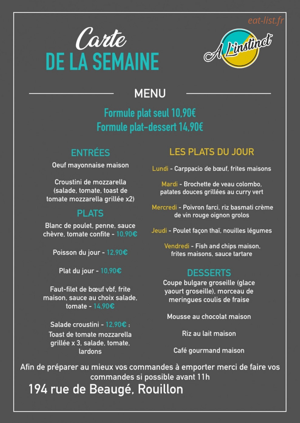 Restaurant A L'Instinct — carte page 1