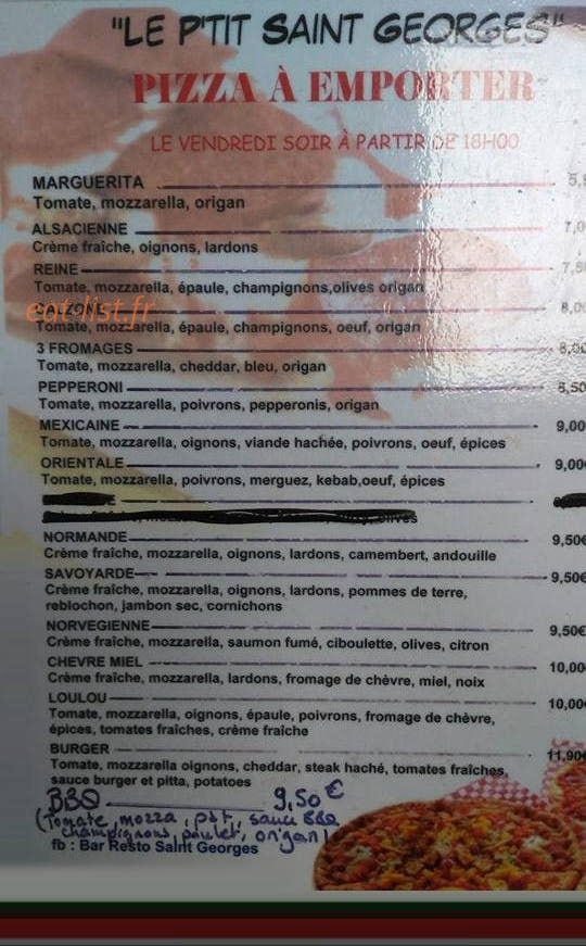 Carte et menu de Le p'tit St Georges à Saint Georges du Bois — Pizzas à emporter