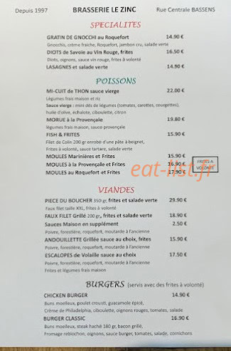 Carte et menu de Brasserie Pizzeria Le Zinc à Bassens — Les spécialités, poissons