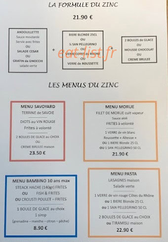 Carte et menu de Brasserie Pizzeria Le Zinc à Bassens — Les formules et menus