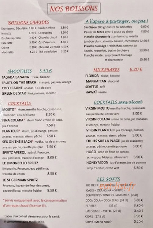 Carte et menu de Brasserie Pizzeria Le Zinc à Bassens — Les boissons