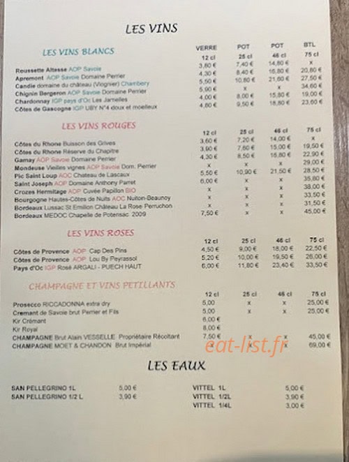 Carte et menu de Brasserie Pizzeria Le Zinc à Bassens — Les vins