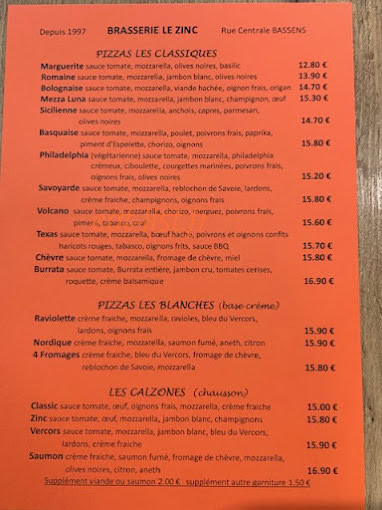 Carte et menu de Brasserie Pizzeria Le Zinc à Bassens — Les pizzas