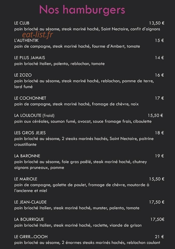Authentik Hamburgers Club — carte page 1