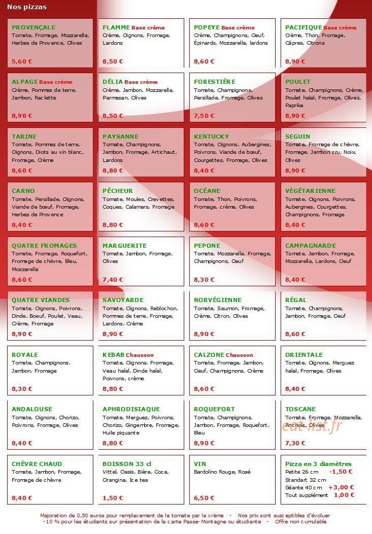 Pizza Régal — carte page 1