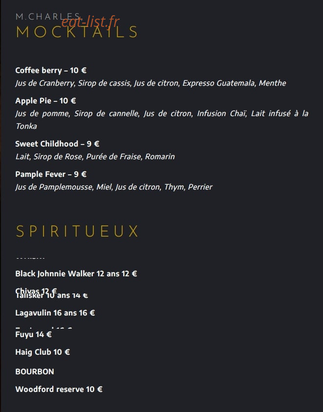 Lounge bar M. CHARLES — carte page 1