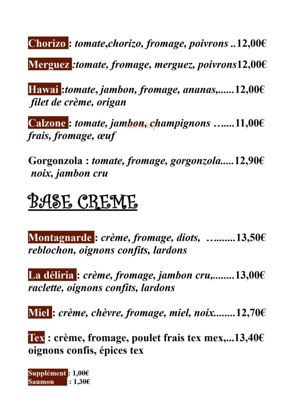 Déliria pizza — carte page 4