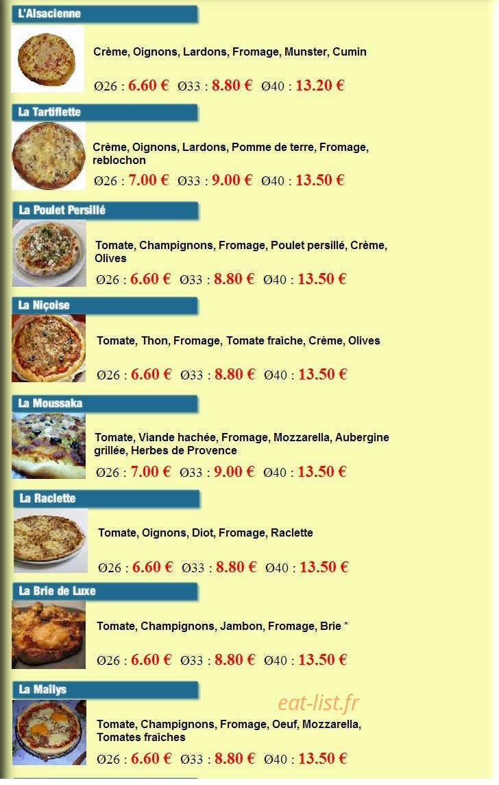 Mailys Pizza — carte page 1