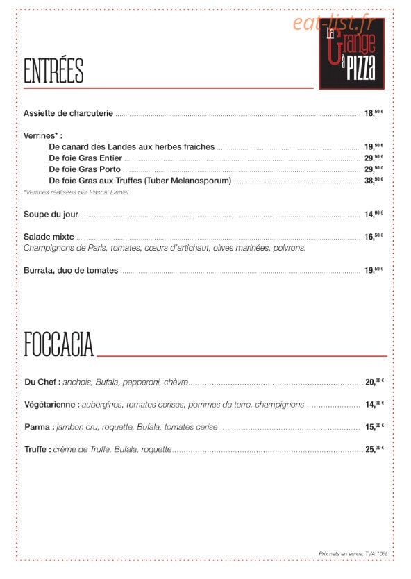 La Grange à Pizza — carte page 1