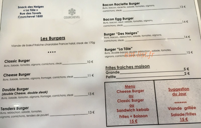 Le Snack Des Neiges — carte page 1