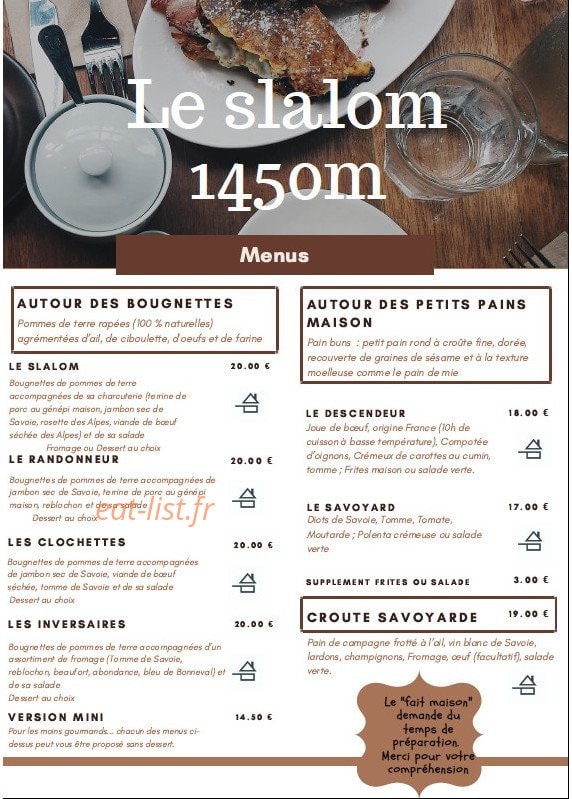 Carte et menu de Le Slalom St François à Saint Francois Longchamp — menus