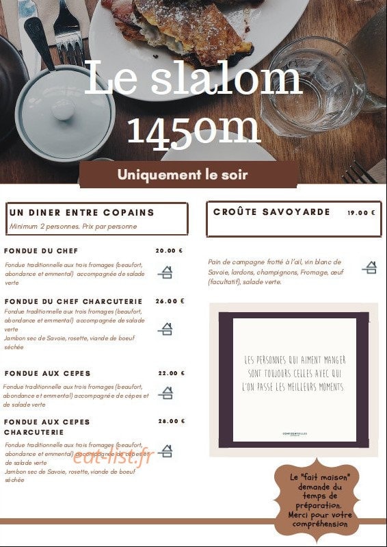 Carte et menu de Le Slalom St François à Saint Francois Longchamp — menu du soir