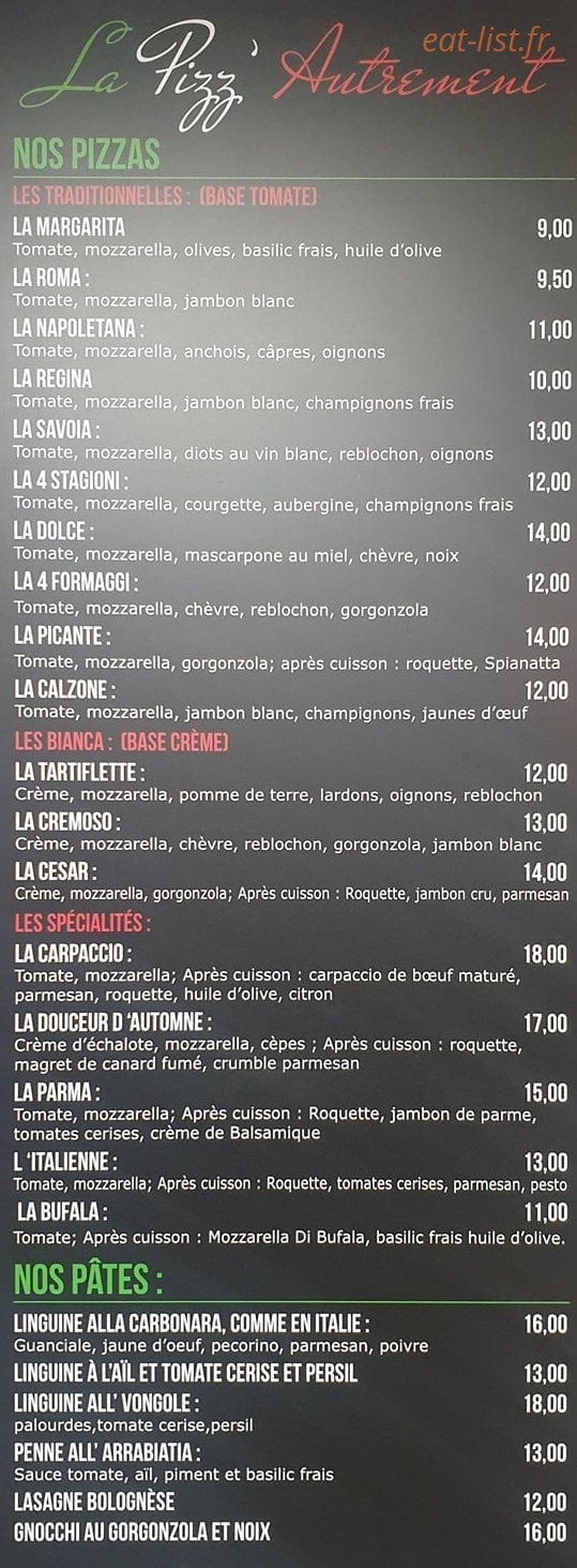 La Pizz' Autrement — carte page 1