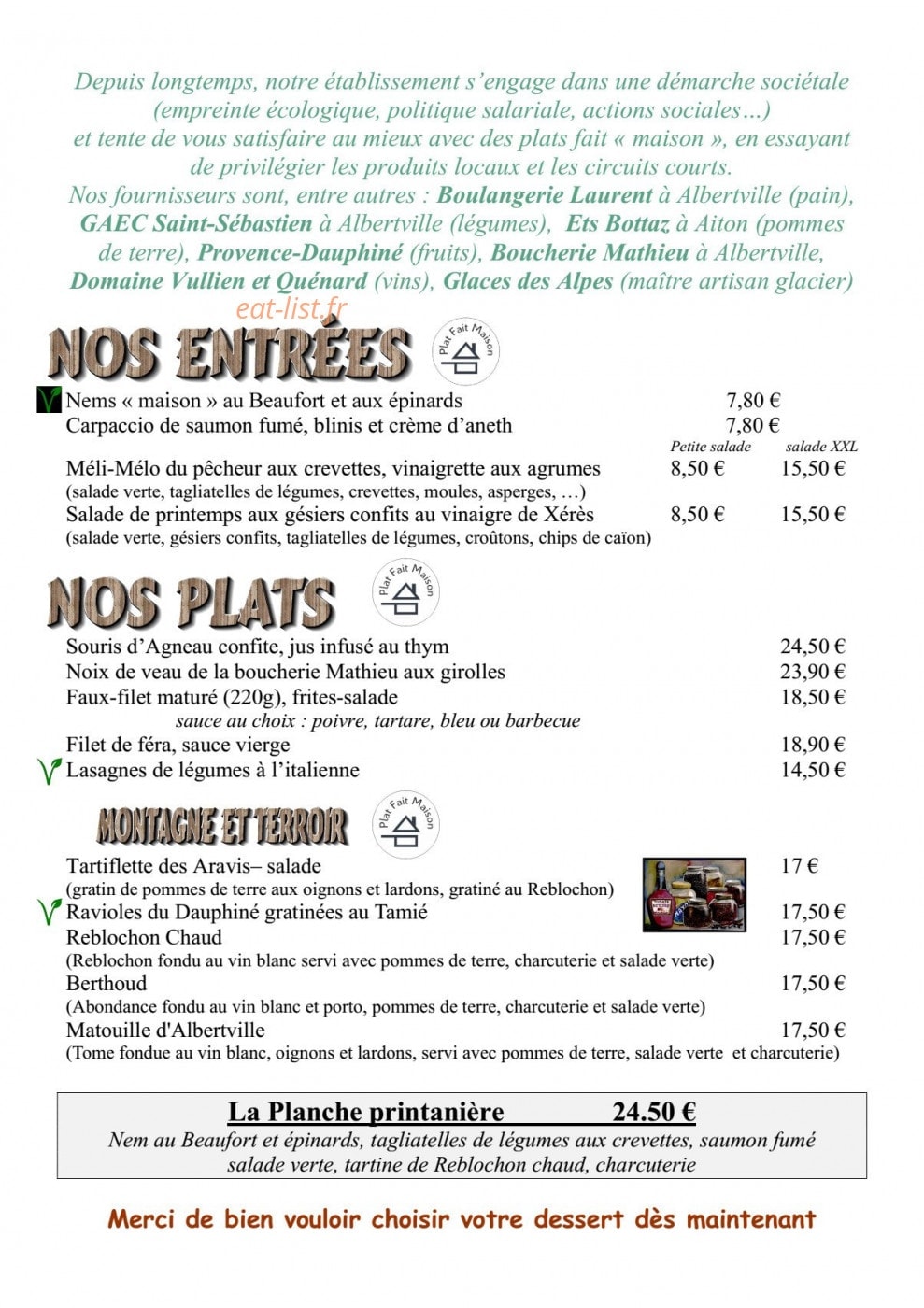 Auberge de Costaroche — carte page 1