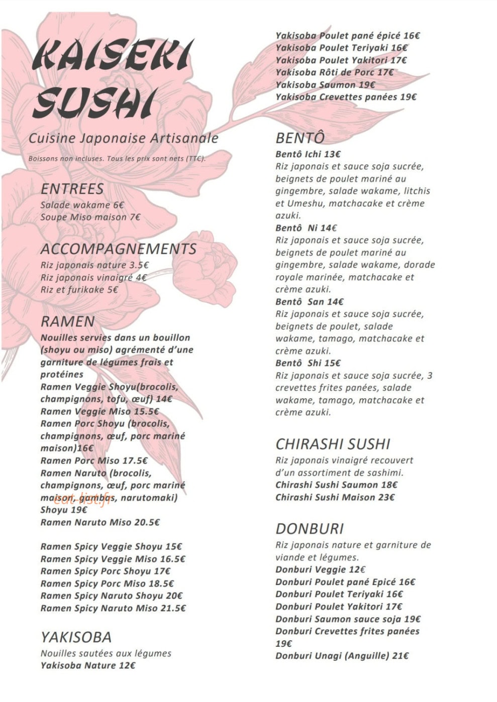 Kaiseki Sushi — carte page 1