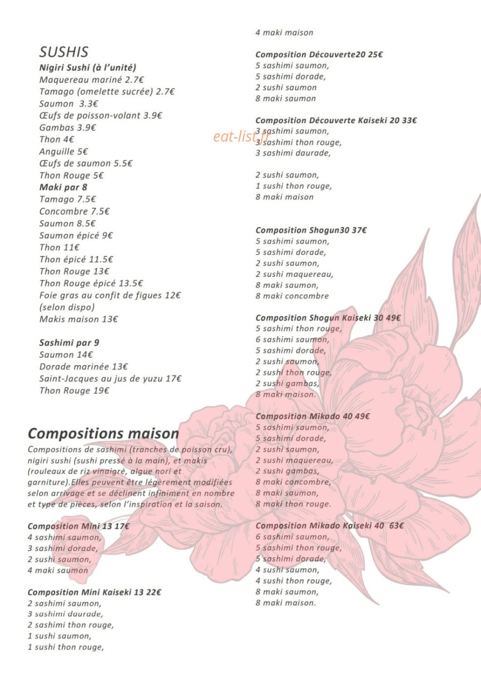 Kaiseki Sushi — carte page 2