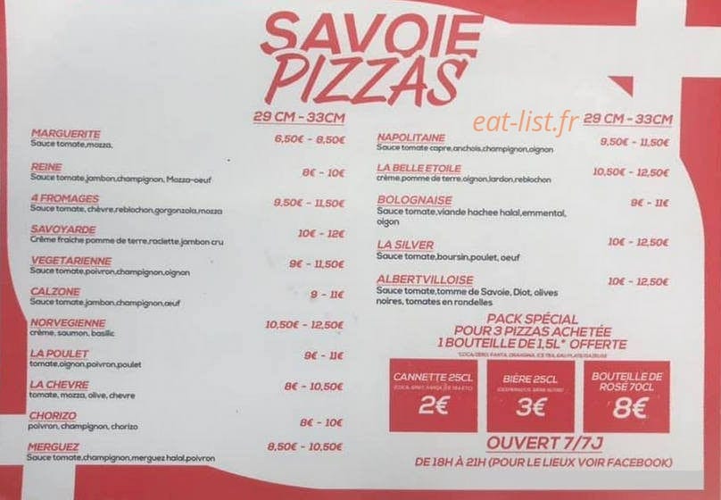 Savoie Pizzas — carte page 1