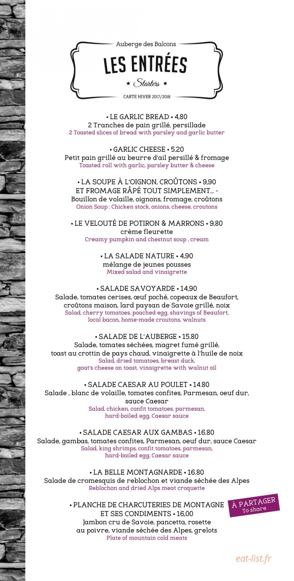 l’Auberge des Balcons — carte page 2