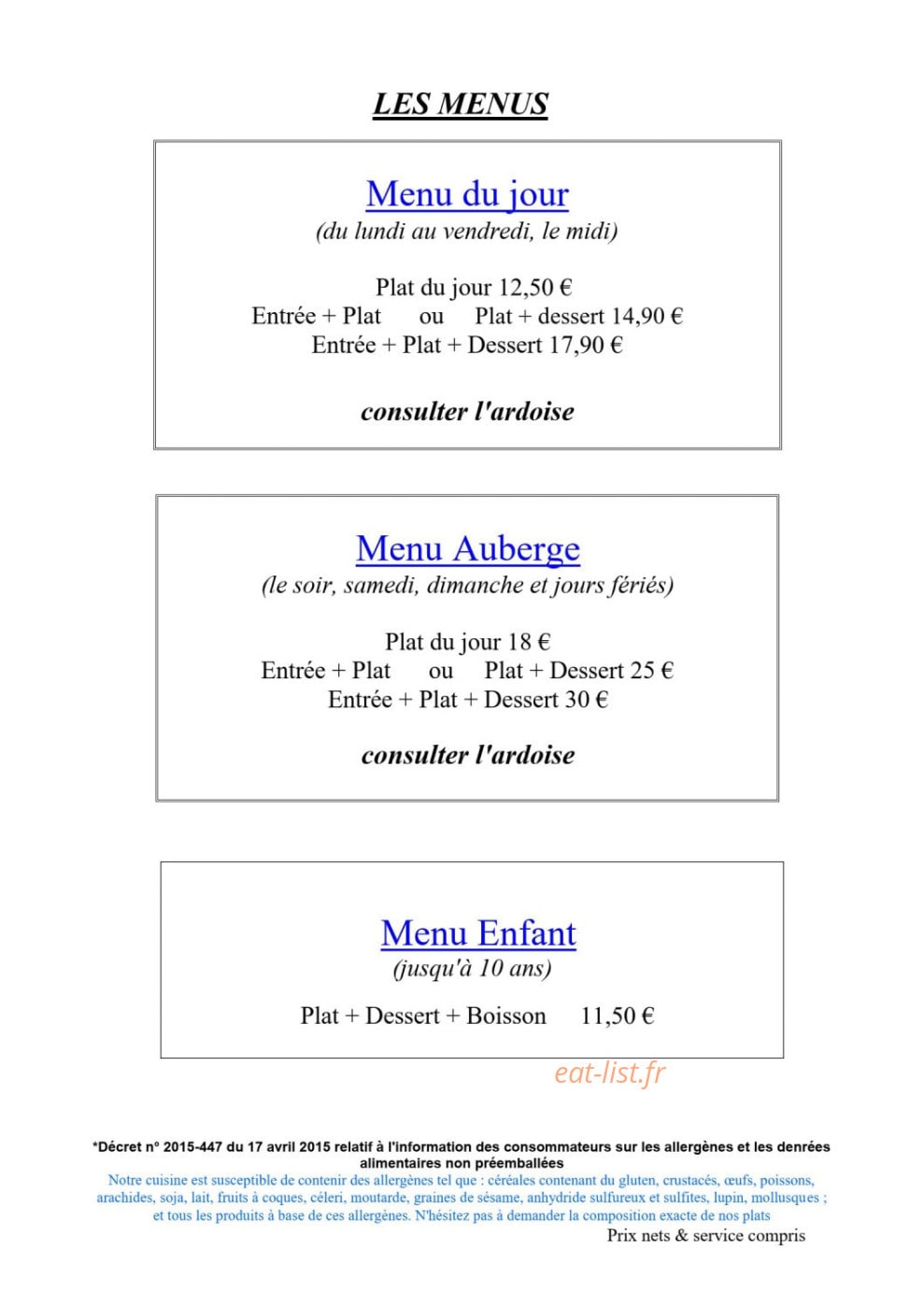 Auberge de Granier — carte page 1