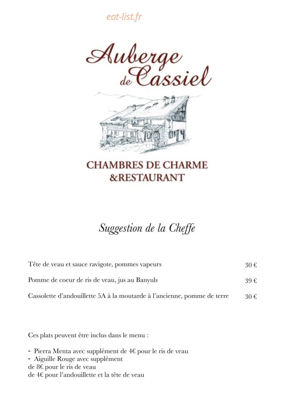 Auberge De Cassiel — carte page 2