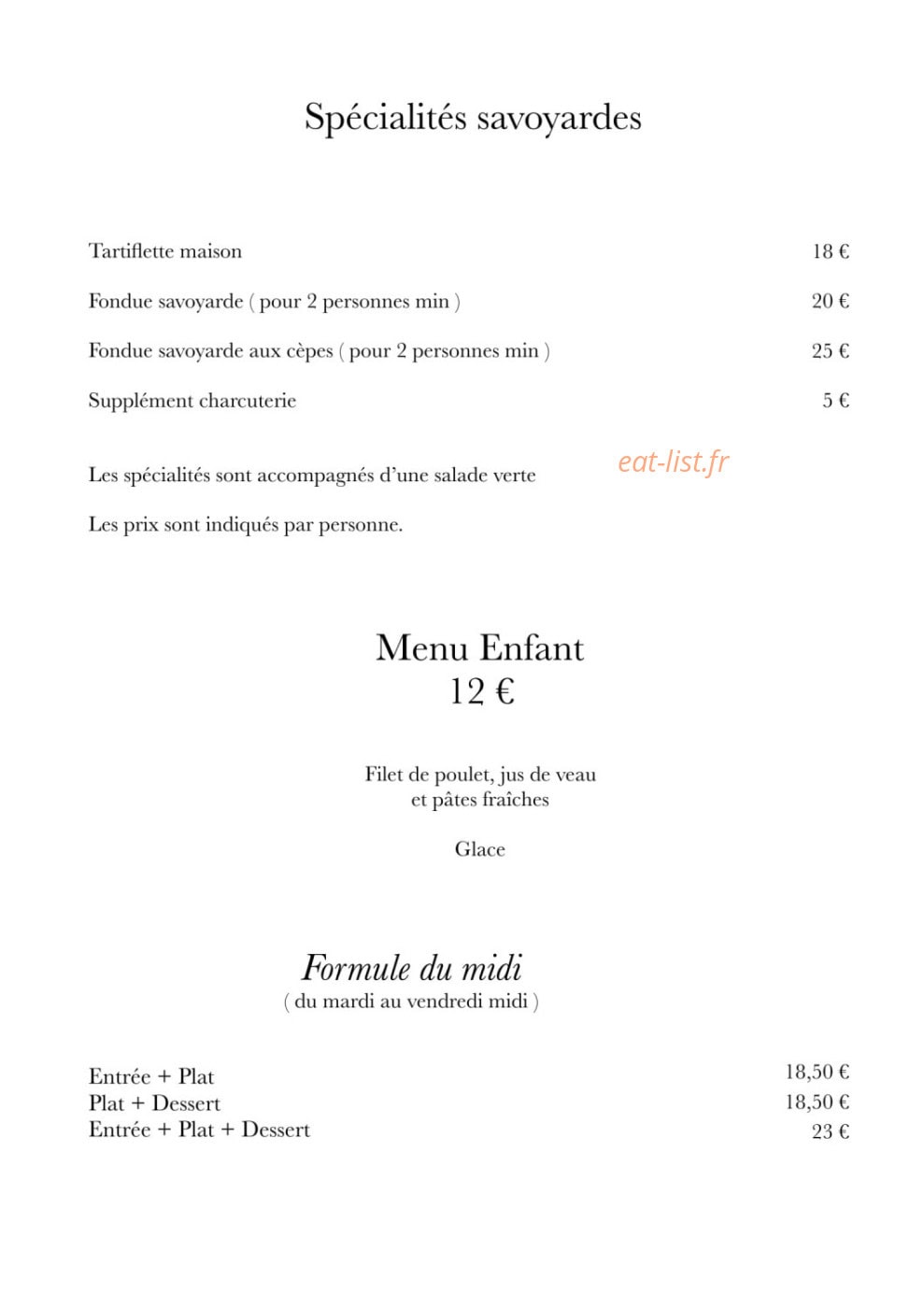 Auberge De Cassiel — carte page 1