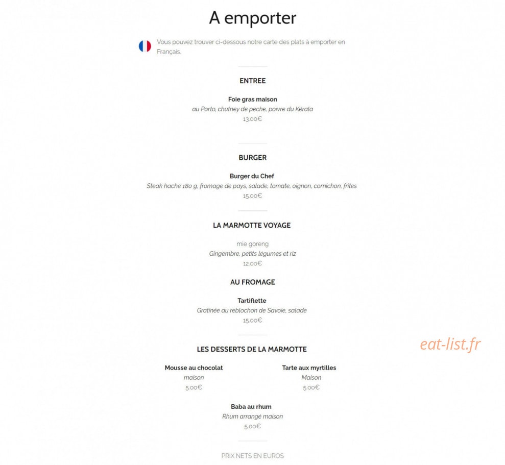 Carte et menu de La Marmotte qui Fume à La Plagne Tarentaise — La carte