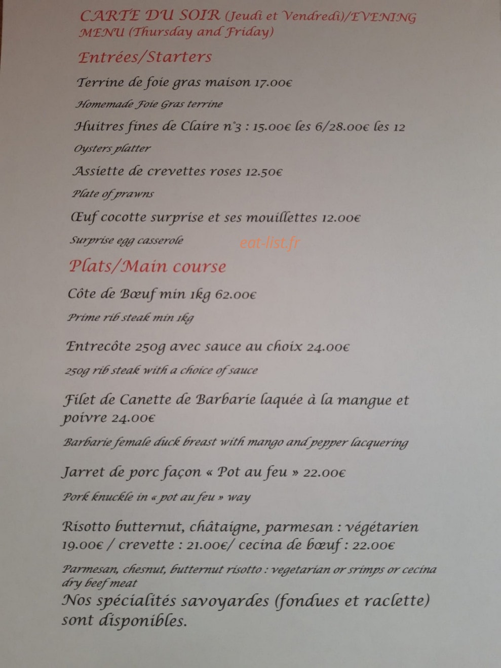 Carte et menu de La brasserie des pistes à Peisey Nancroix — La carte du soir