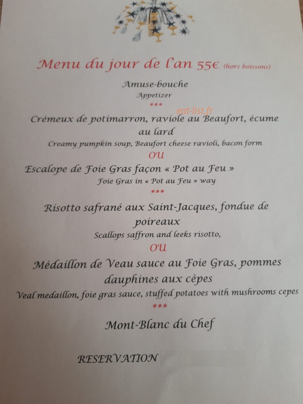 Carte et menu de La brasserie des pistes à Peisey Nancroix — Le menu du jour de l'an