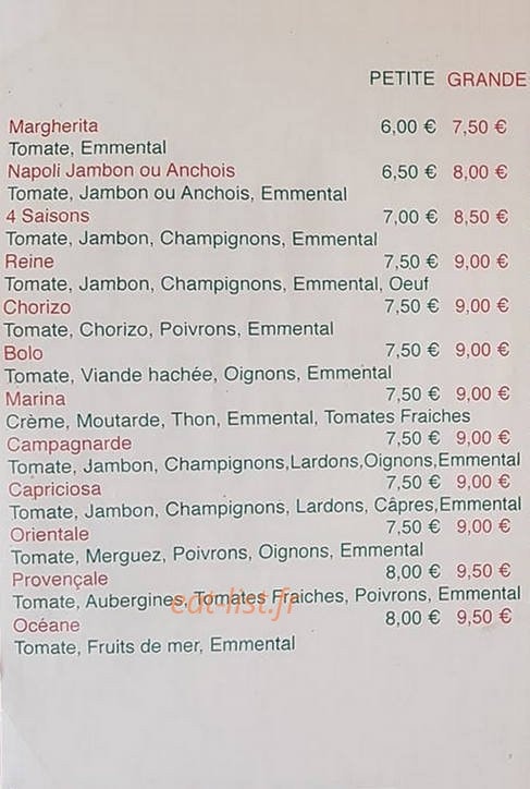 Joa Pizza — carte page 1