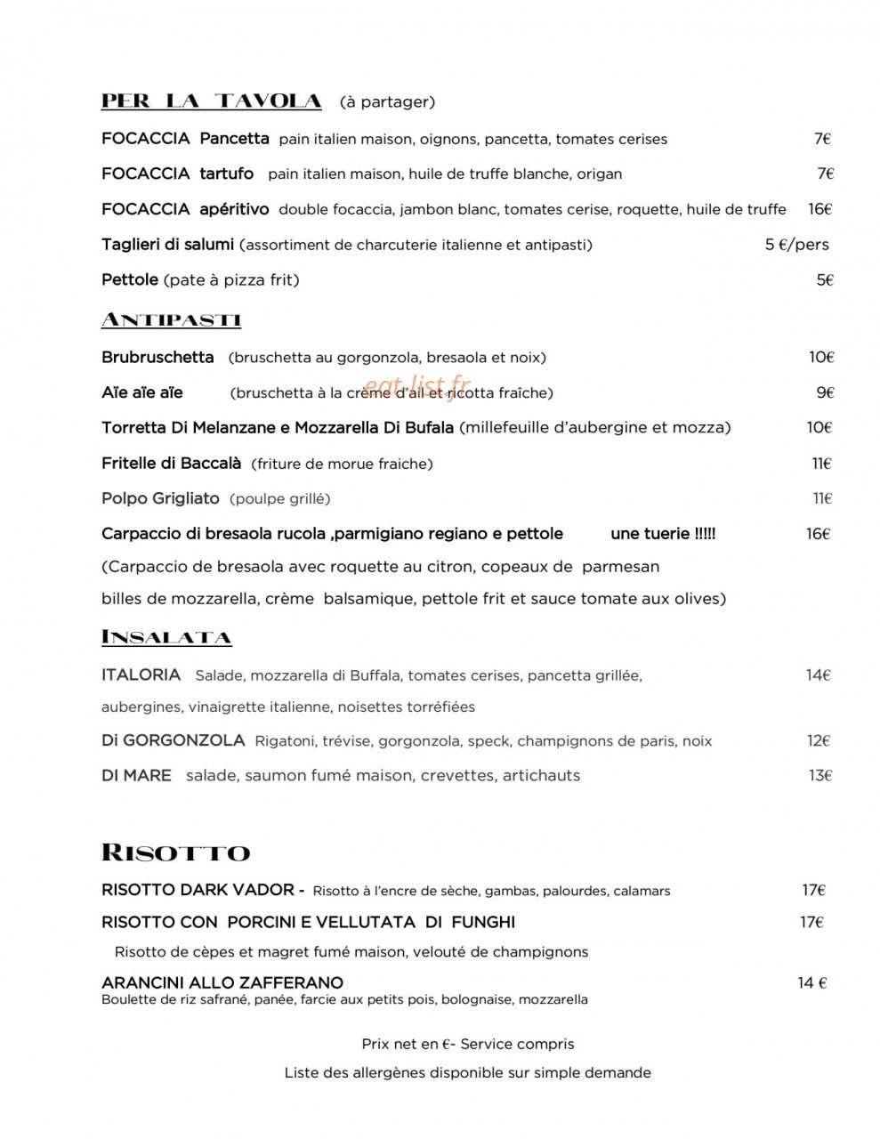 Italoria Restaurant — carte page 1