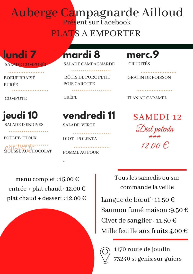 Auberge Campagnarde Ailloud — carte page 1