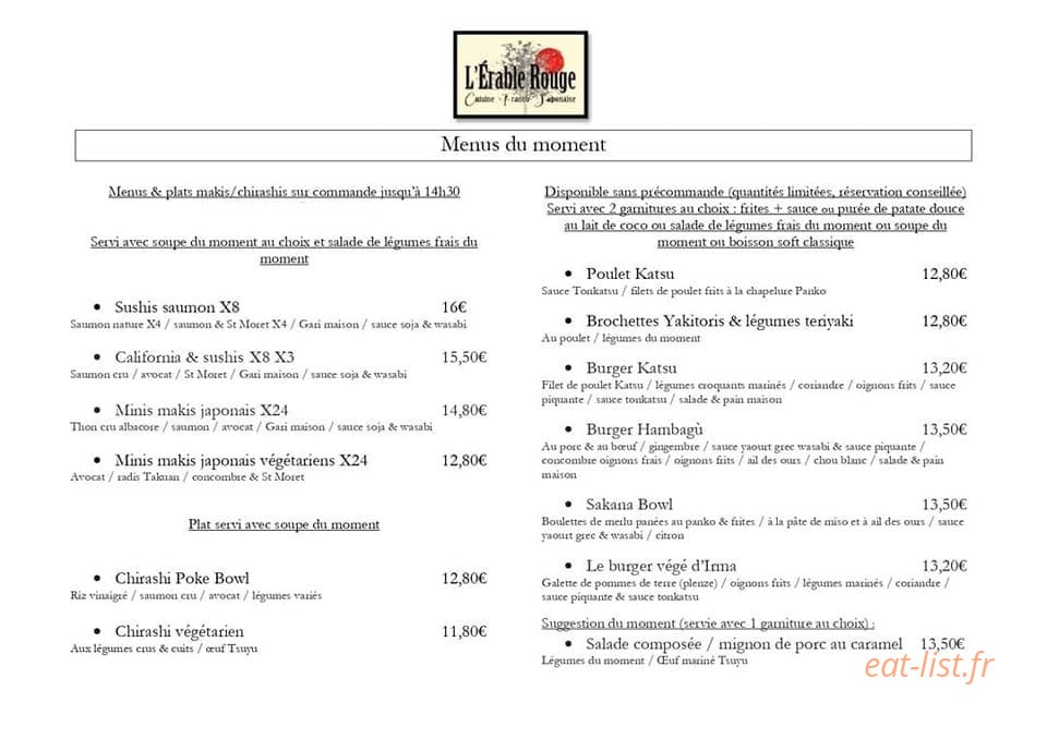 Carte et menu de L’Érable Rouge à Saint-Genix-les-Villages — La carte