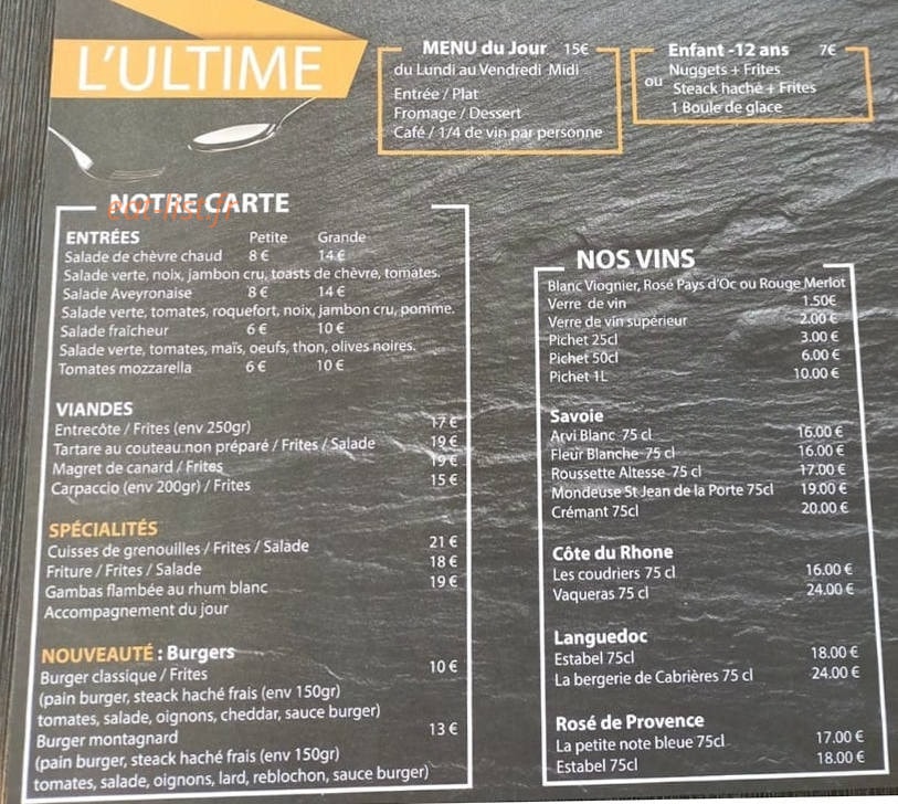 Restaurant l'Ultime — carte page 1