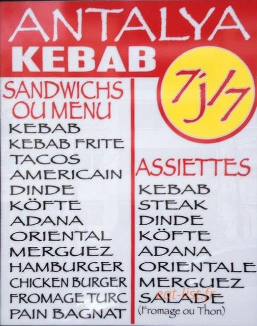 Antalya kebab — carte page 1